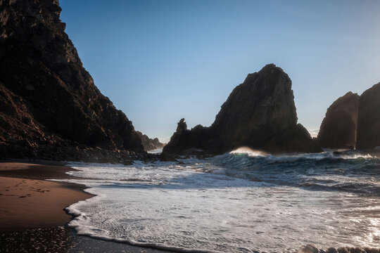 Atlantic Ocean waves and sea stacks at Cabo da Roca coast