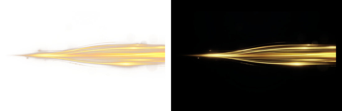 Golden light streak with motion blur effect, glowing energy trail on black and white backgrounds, cinematic yellow light beam for speed visuals.