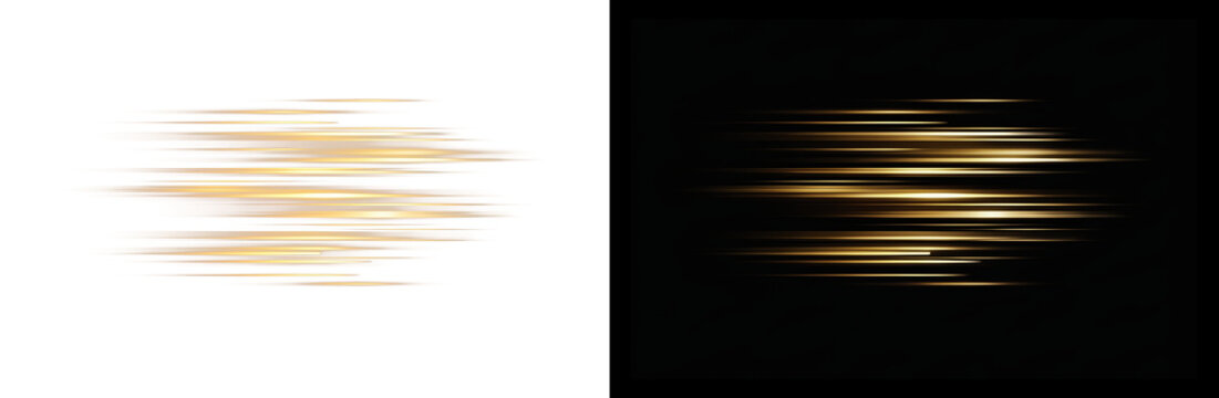Golden motion blur light streaks on black and white backgrounds, cinematic speed lines for luxury design, abstract glowing trail of fast movement.
