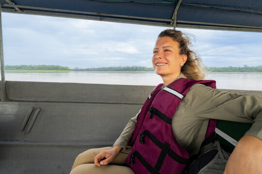 Woman explorer on Amazon Jungle Tour boat