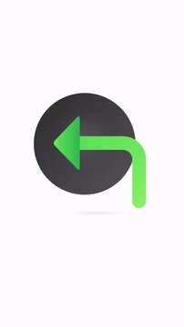 Animated green back hook arrow icon popping out from a dark grey disc for navigation and undo concepts.