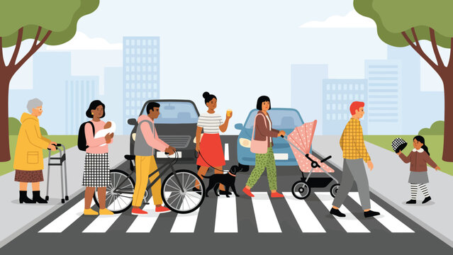 Diverse pedestrians crossing city street on crosswalk with cars and buildings background