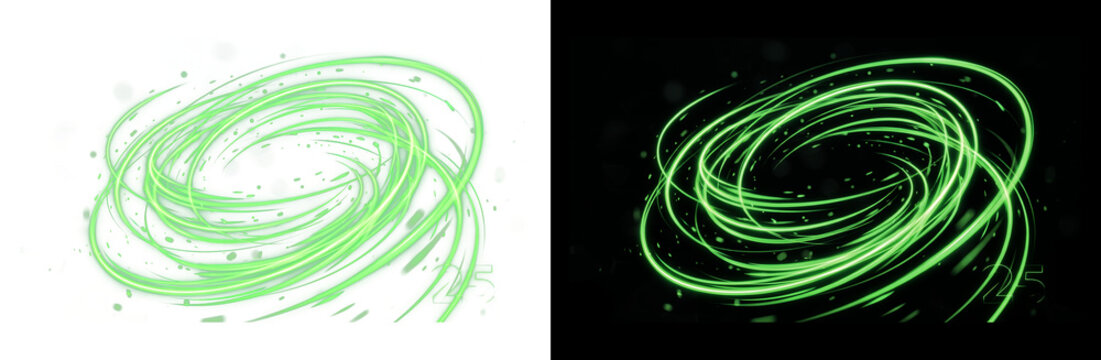 Glowing green energy swirl effect, magic spiral light trails with sparkles on black and white background, toxic neon vortex motion for game design