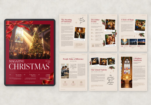 Christmas Church Digital Magazine Template, Parish Newsletter & Church Bulletin Layout for Advent, Nativity and Worship