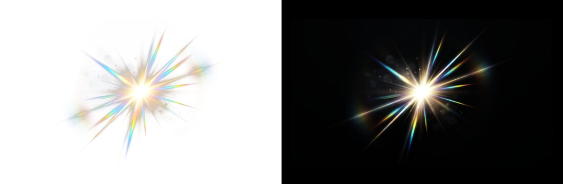 Cinematic lens flare with prismatic rainbow light rays, bright starburst sunburst effect on black and white background, optical light leak overlay.