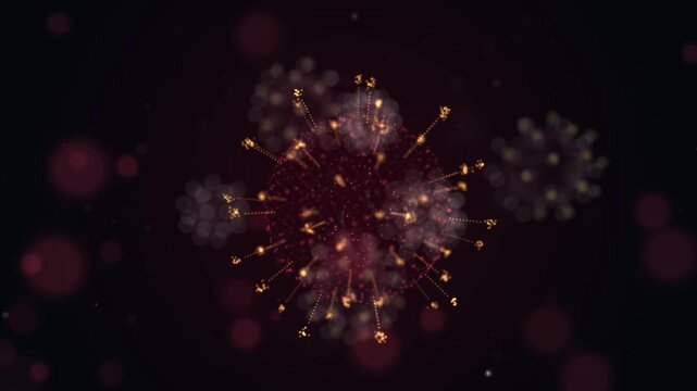 Fiery orange and red virus with glowing spikes floats among darker pathogens in a menacing crimson haze. A horizontal visual for dangerous virus outbreaks, epidemic alerts, biohazard threats and pand