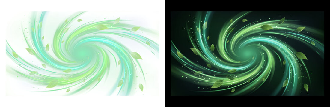 Green wind vortex with flying leaves, magical nature energy swirl on black and white backgrounds, dynamic herbal tornado effect for fantasy gaming