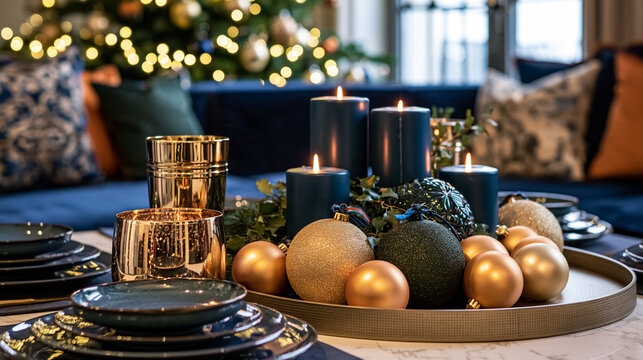 Christmas table centerpiece displaying lit candles, shimmering baubles, and greenery. Elegant place settings ready for a holiday dinner