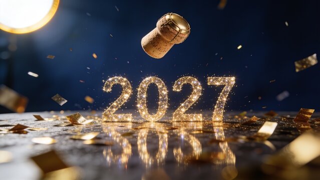 Glittering golden numerals 2027 sitting on glossy tabletop, with champagne cork and confetti