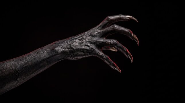 A monster arm stretches across a black frame with five long bent claws extending into the negative space. Concept for minimal horror banners, video overlays and thriller ads. Generative AI.