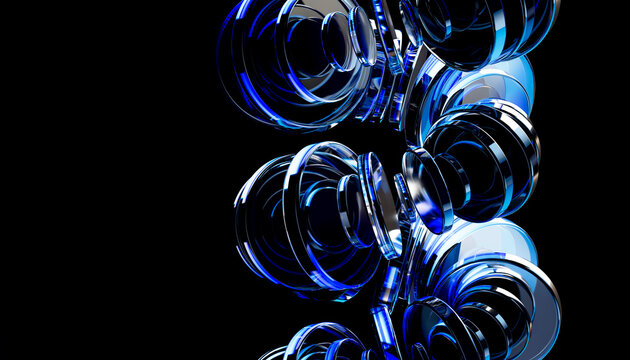 Glass spiral circles with blue data flow on black
