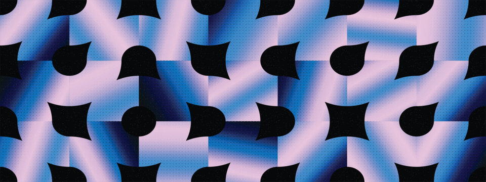 Black cutout shapes like jigsaw puzzle pieces over blue and lilac gradient tiles, geometric bauhaus pattern with concave squares, retro modern background