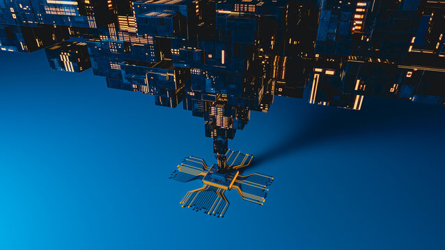 Brutalist Data Structure Suspended Over a Chip