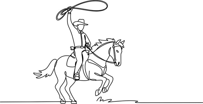 Black and white line art illustration of a cowboy riding a horse while swinging a lasso rope for a western adventure theme in a simple style isolated on transparent background