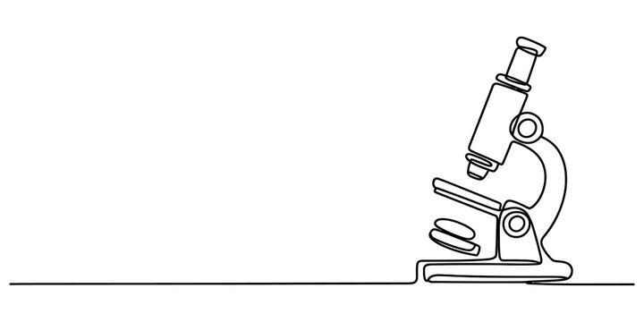 Continuous single line drawing of a scientific microscope for biology laboratory research and medical education simple black and white vector graphic isolated on transparent background