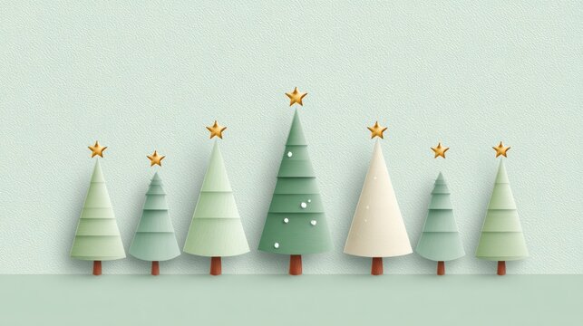 Minimalist christmas card design with stylized trees and gold stars on light blue background