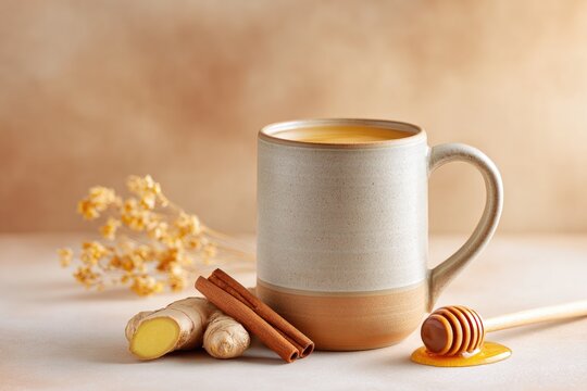 Cozy herbal tea with lemon, honey, ginger, and cinnamon for immune boosting