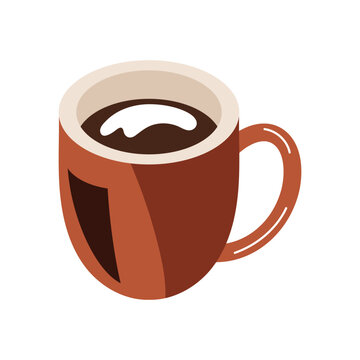 Flat vector illustration of a brown ceramic coffee mug filled with dark coffee and foam.