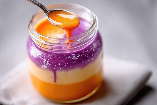Festive halloween dessert in glass jar with pumpkin and violet whipped cream layers