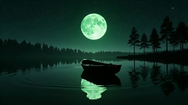 Empty rowboat floats on serene calm lake under a large