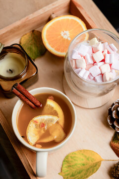 Autumn tea with orange, cinnamon and marshmallow