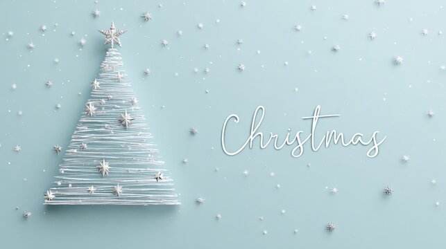 Minimalist christmas card design with string tree and stars on pastel blue background