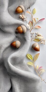 Autumn acorns on linen with dried leaves and flowers still life
