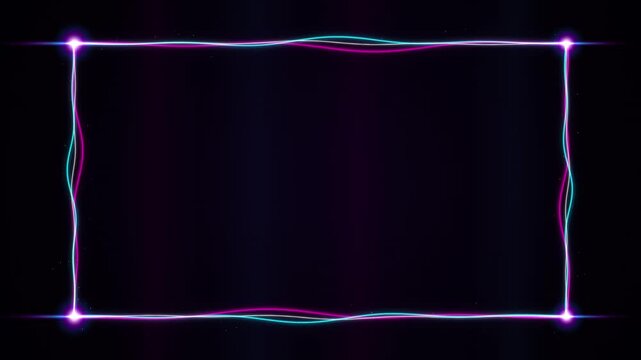 Neon light frame background with glowing pink and blue electric waves and dark space