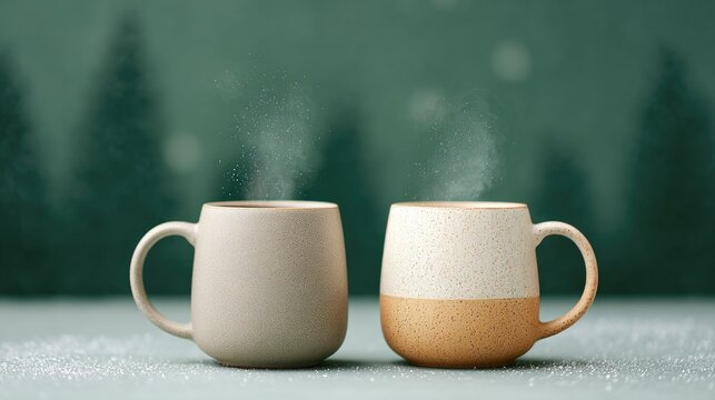 Serenity in nature: steaming mugs against misty pine forest backdrop