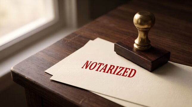 Professional Notarized Document Validation with Traditional Rubber Stamp on Wooden Desk