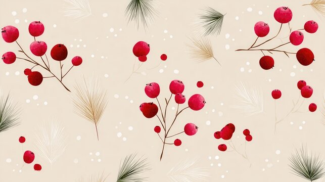 Red berries and abstract foliage on cream background for festive seasonal designs