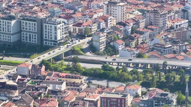 City view with buildings and roads in residential area