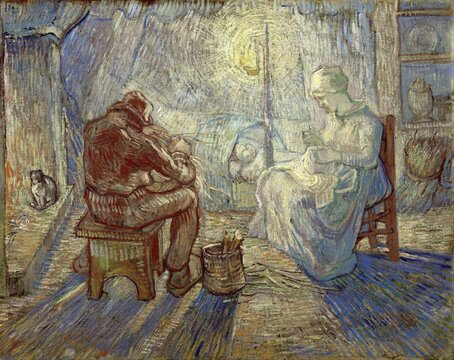 Night (after Millet) or Evening, The Watch (1889) is an oil painting based on a model by Jean-Fran&ccedil;ois Millet. It was painted during his stay in Saint-R&eacute;my, shows a peasant couple in a quiet, nocturnal scene, painting by Vincent Willem van Gogh (born 30 March 1853 in Groot-Zundert, died 29 July 1890 in Auvers-sur-Oise), Dutch painter and draughtsman, one of the founders of modern painting, illustration, reproduction of a painting. Authentic, exact date of the original unknown, Historical