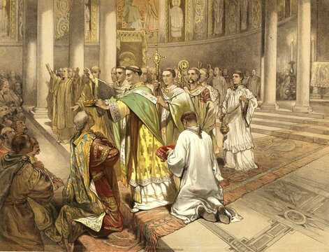 The coronation of Charlemagne by Pope Leo III in St. Peter's Basilica on December 25, 800, school picture, illustration, reproduction from a model from the 19th century. School picture, mural, authentic, file restored for optimal use, exact date of original unknown, historical