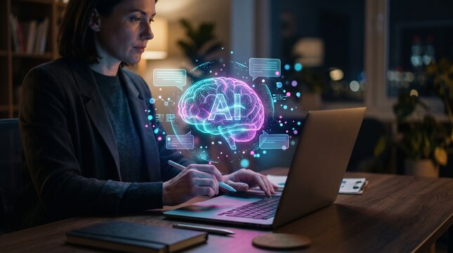 Software developer interacts with conversational artificial intelligence through an advanced AI chatbot, enabling generative automation, natural language processing, smart communication, productivity
