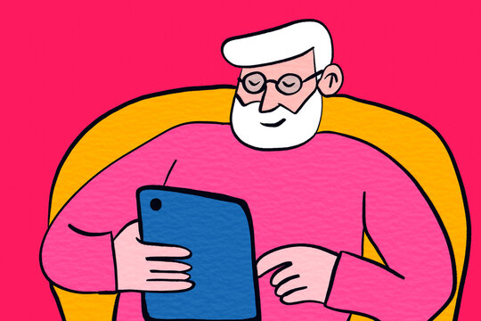 Senior man using tablet in flat lifestyle illustration
