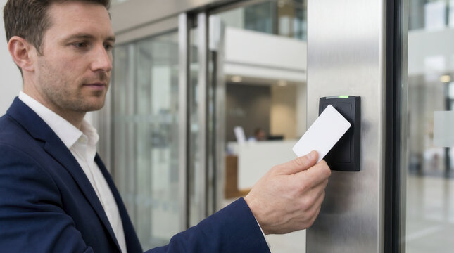 Businessman taps white card against wall scanner beside glass entrance doors. Focused employee unlocks workplace barrier using rfid access control while starting workday inside corporate hub.