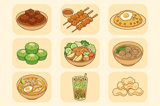 Indonesian Food Icon Set: Rendang, Chicken Satay, Fried Rice, Klepon, Gado-Gado, Bakso, Soto, Es Cendol, Crackers in 3x3 Grid