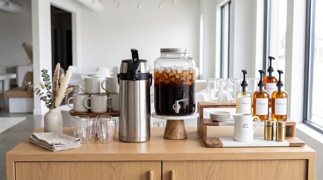 Modern self-serve coffee station for party or event. Iced cold brew dispenser and thermal carafe on wooden cabinet. Elegant coffee bar setup with syrups and oat milk
