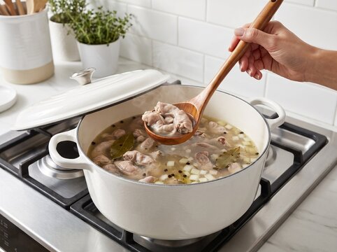 Cooking traditional chitterlings in a Dutch oven on a stove. Hand lifting chitlins with a wooden spoon from simmering broth