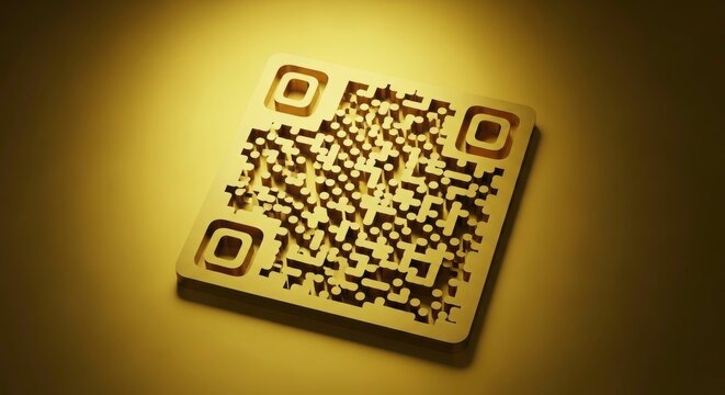Golden QR code on yellow background for digital payments and scanning technology