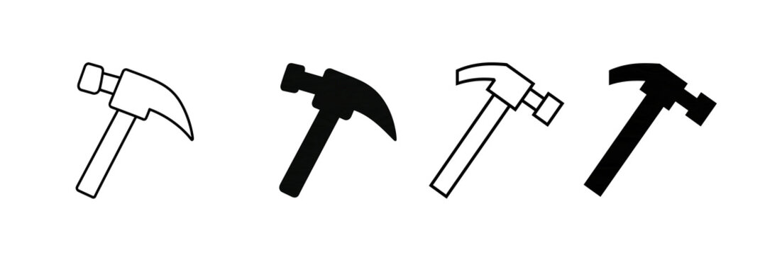 Set of hammer tool icons in outline and solid black style for