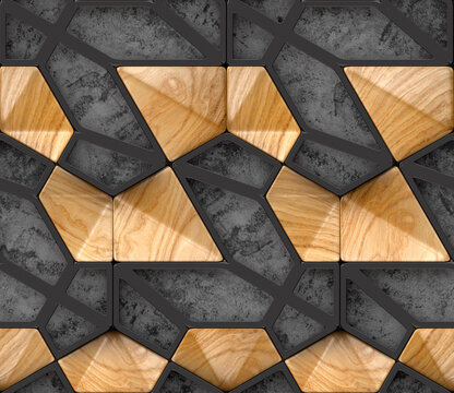 Geometric wood and gray stucco 3D wall panel background