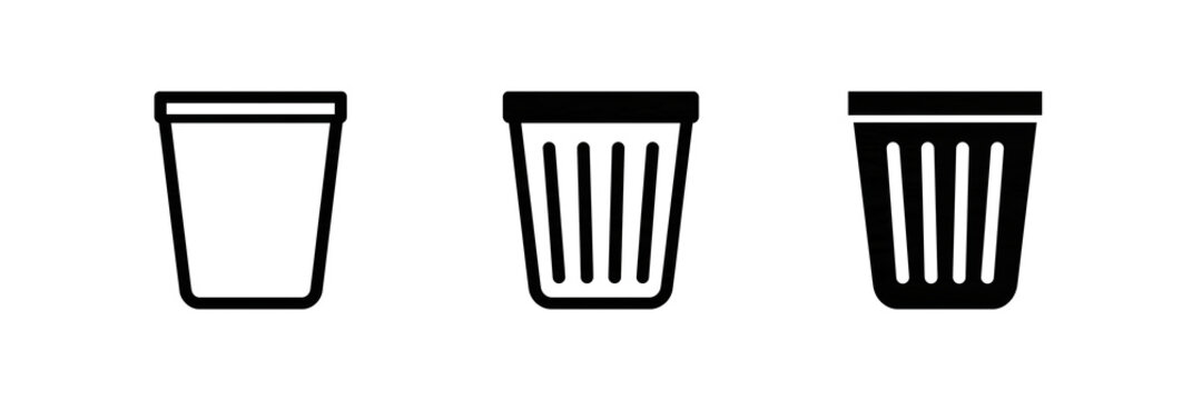 Set of black trash bin icons for digital interface design and website