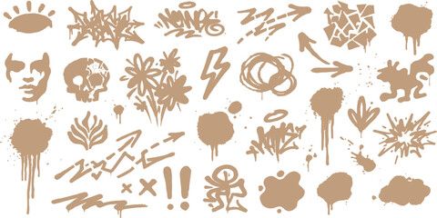 Fototapeta premium Tan graffiti street art elements texture on white. Drips, arrows, skulls and spray marks in a grunge style. Vector graphic for headers, branding and templates.