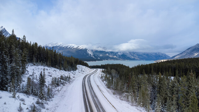 Snow-covered David Thompson Highway near Abraham Lake
