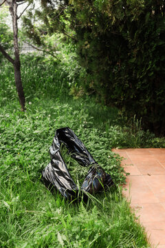 Black garbage bag in an overgrown spring garden