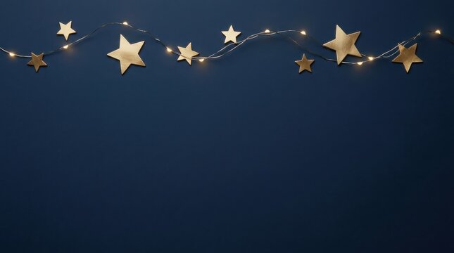 Festive string lights with golden stars against dark background
