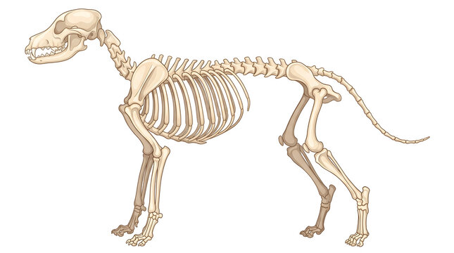 dog skeleton illustration showing complete canine anatomy bone structure standing profile view ideal for veterinary education biology pet health accurate scientific diagram natural beige brown colors
