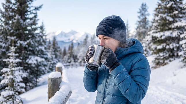 Person drinking hot beverage from metal mug in snowy winter forest. Outdoor hiker enjoying warm drink on mountain trail during cold day
